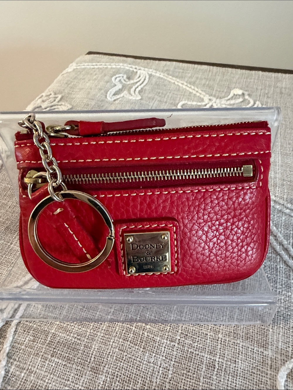 Dooney & Bourke Red Pebble Leather Key, Coin & Card Holder w/ Gold Tone Hardware